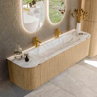 Badmeubel Mondiaz Kurve-Dlux | 170 cm | Meubelkleur Oak | Wastafelkleur Glace | Solid surface | Midden spoelbak | 2 kraangaten