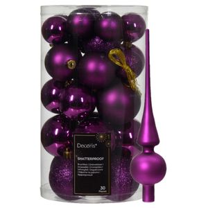 Kerstversiering set - 30x st kunststof kerstballen en glazen piek - paars