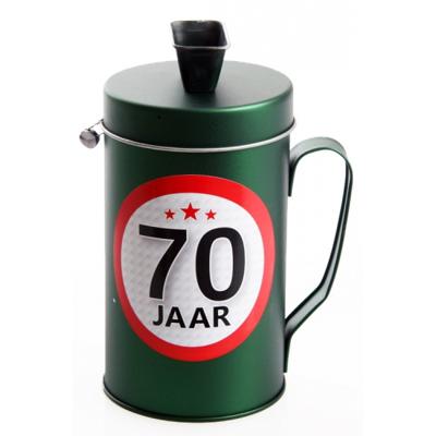 Spaarpot - 70 jaar geworden thema - verjaardag cadeau - Blik met sticker van 9 cm