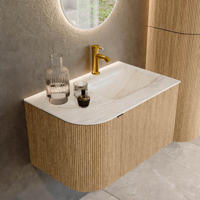 Badmeubel Mondiaz Kurve-Dlux | 75 cm | Meubelkleur Oak | Wastafelkleur Ostra | Solid surface | Rechts spoelbak | 1 kraangat