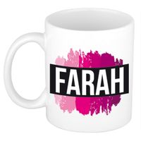 Naam cadeau mok / beker Farah met roze verfstrepen 300 ml - thumbnail