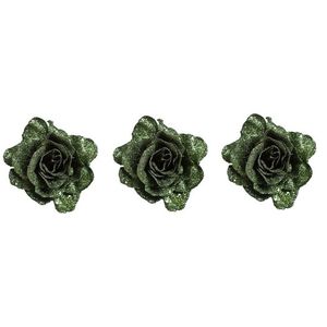 3x Groene roos met glitters op clip 10 cm - kerstversiering