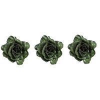 3x Groene roos met glitters op clip 10 cm - kerstversiering