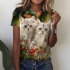 Dames T-shirt Groen Afdrukken Kat 3D Casual Weekend Korte mouw Ronde hals Basic Normaal 3D Cat Verf S