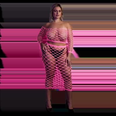 Ouch! by Shots Langemouwen Crop Top en Lange Rok - Plus Size - Neon Roze