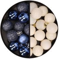 34x stuks kunststof kerstballen donkerblauw en wolwit 3 cm - Kerstbal