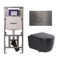 QeramiQ Dely Swirl Toiletset - 36.3x51.7cm - Geberit UP320 Burda inbouwreservoir - 35mm zitting - gunmetal bedieningsplaat - ronde knoppen - mat zwart 0701131/SW706198/SW1000769/SW1026258