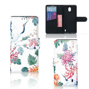 Nokia 1 Plus Telefoonhoesje met Pasjes Bird Flowers