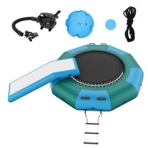 VEVOR opblaasbare watertrampoline met glijbaan en ladder, waterdicht, slijtvast, duurzaam watertrampolines 3,05 m springoppervlak, springplatform waterpark zwembadtrampoline, speelgoed