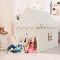 Kinderhuisje Kindertent Speelhuisje Kinderspeeltent Stoffen Tent met Massief Houten Frame en Katoenen Deken Beige 120 x 105 x 140 cm - thumbnail