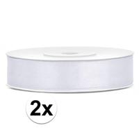 Decoratie satijn sierlint - 2x - wit - 12 mm x 25 meter - Cadeaulint satijnlint - verpakking