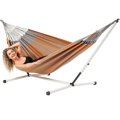 Tweepersoons hangmat met metalen standaard - 350x160cm - Oranje - 160kg draagkracht- 100% katoen - binnen & buiten