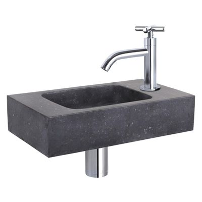 Differnz Force fonteinset - 40x22x9cm - Rechthoek - 1 kraangat - Gebogen chromen kraan - kruisgreep - Natuursteen Zwart 38.400.42