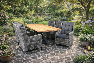 SenS-Line Puerto tuinset 6 wicker stoelen met teakhouten tafel - Showmodel Hoofddorp- - Steigerhout,Teak,Wicker- Sens-Line