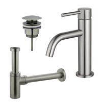 Fortifura Calvi Slim Wastafelkraanset - lage wastafelkraan - klikwaste plug - design sifon - Geborsteld RVS PVD (RVS) SW377858/SW696201/SW696212