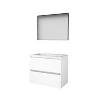Basic-Line Framed 46 Badkamermeubelset - 80 x 46 cm - Greeploos - 2 Lades - Acryl Wastafel - 1 Kraangat - Spiegel met Zwart Aluminium Frame - Ice White