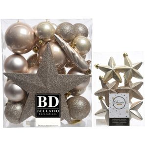 Kerstversiering kunststof kerstballen met piek parel/champagne 5-6-8 cm pakket van 39x stuks