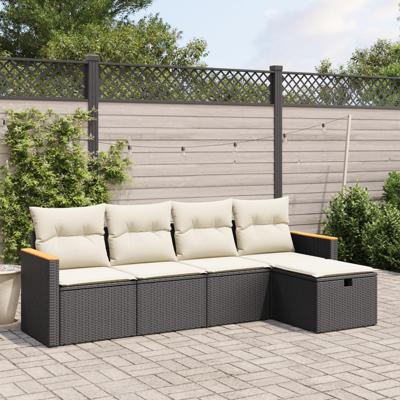 5-delige Loungeset met kussens poly rattan zwart
