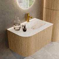 Mondiaz KURVE-DLUX 75 cm Onderkast Greeploos 1 Lade Met Deuren Oak, Wastafel Solid Surface Rechts Frappe 1 Kraangat Zonder Spiegel (KRVGRU75L1L1D1KR-Oak/Fra)