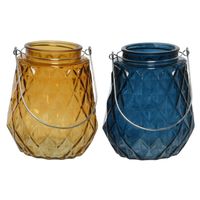 Set van 2x stuks theelichthouders/waxinelichthouders ruitjes glas cognac en donkerblauw 11 x 13 cm - Waxinelichtjeshoude