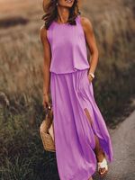 Sleeveless Holiday Solid Round Neck Long Weaving Dress - thumbnail