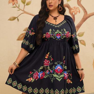 Plus Size Black Rose Floral Embroidery Boho Vacation Dress Black-2 / 0XL