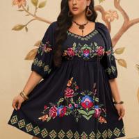 Plus Size Black Rose Floral Embroidery Boho Vacation Dress Black-2 / 0XL