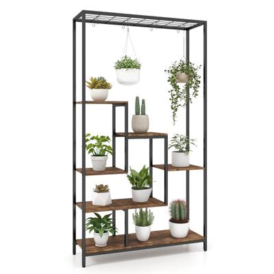 Metalen Plantenrek 6 Etages 180 cm met 10 S-Haken en Roosterplank Bloemenstandaard Bloementrap voor Balkon Woonkamer Bruin
