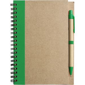 Notitie boekje/blok met balpen - harde kaft - beige/groen - 18 x 13 cm - 60 bladzijden gelinieerd   -