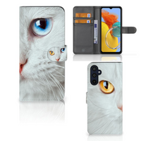 Samsung Galaxy M14 Telefoonhoesje met Pasjes Witte Kat - thumbnail