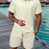 Bon&Bon Men's 2-Piece White Button Up Shirt and Shorts Vacation Set Apricot / S