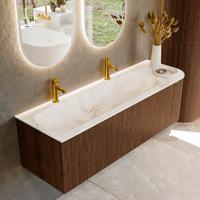 Badmeubel Mondiaz Kurve-Dlux | 145 cm | Meubelkleur Walnut | Wastafelkleur Frappe | Solid surface | Links spoelbak | 2 kraangaten