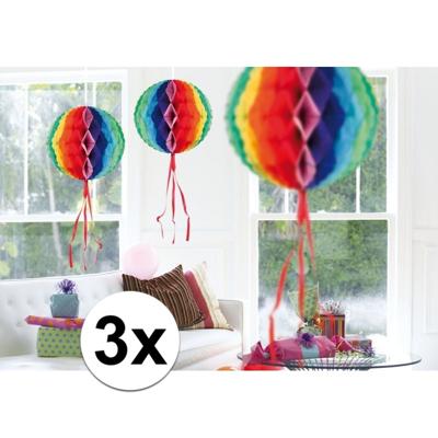 Decoratie bol - 3x - regenboog kleuren - 30 cm - crepe papier - versiering - feestversiering