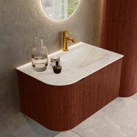 Badmeubel Mondiaz Kurve-Dlux | 75 cm cm | Meubelkleur Ruby | Wastafelkleur Ostra | Solid surface | Wasbak rechter zijde spoelbak | 1 kraangat