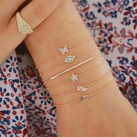 6 stuks/set punk vlinder Eye Star maan bladeren Crystal Gem glanzend goud Multilayer ketting armband (goud)