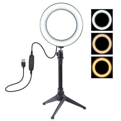 PULUZ 6 2 inch USB 3 modi Dimbare LED ring VLogging fotografie video Lights + Desktop statief houder met koude schoen statief bal hoofd