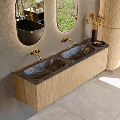 Mondiaz KURVE-DLUX 165 cm Onderkast Greeploos 2 Lades Met Deuren Oak, Wastafel Solid Surface Links Lava 0 Kraangaten Zonder Spiegel (KRVSTS165R2L1D0KD-Oak/Lav)
