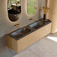 Mondiaz KURVE-DLUX 165 cm Onderkast Greeploos 2 Lades Met Deuren Oak, Wastafel Solid Surface Links Lava 0 Kraangaten Zonder Spiegel (KRVSTS165R2L1D0KD-Oak/Lav)