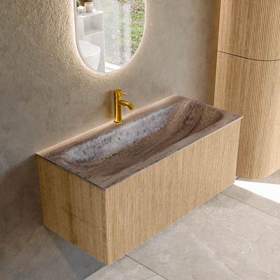 Badmeubel Mondiaz Kurve-Dlux | 100 cm | Meubelkleur Oak | Wastafelkleur Oza | Solid surface | Wasbak midden spoelbak | 1 kraangat