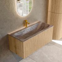 Badmeubel Mondiaz Kurve-Dlux | 100 cm | Meubelkleur Oak | Wastafelkleur Oza | Solid surface | Wasbak midden spoelbak | 1 kraangat