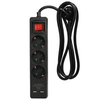 Benson Stekkerdoos 3-voudig- 2x usb - schakelaar - geaard - zwart - 150 cm Benson Stekkerdoos 3-voudig- 2x usb - schakelaar - geaard - zwart - 150 cm