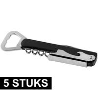 Luxe flesopener/kurkentrekker - 5x - Sommeliersmes - RVS/kunststof - zwart/zilver