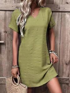 Plain Loose Casual V Neck Dress With No