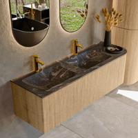 Mondiaz KURVE-DLUX 145 cm Onderkast Greeploos 1 Lade Met Deuren Oak, Wastafel Solid Surface Links Lava 2 Kraangaten Zonder Spiegel (KRVLEA145R1L1D2KD-Oak/Lav)