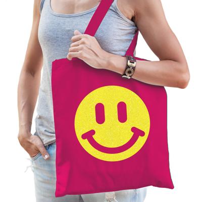 Cadeau tas voor dames - glitter Smile Emoticon - fuchsia - katoen - 42 x 38 cm - Moederdag - verjaar