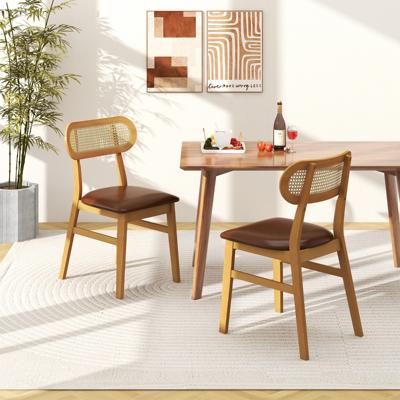 Set van 2 Gestoffeerde Houten Stoelen Mid-Century Interieur Stoelen met Kunstlederen Bekleding Elegante Rotan Rug voor Eetkamer