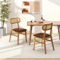 Set van 2 Gestoffeerde Houten Stoelen Mid-Century Interieur Stoelen met Kunstlederen Bekleding Elegante Rotan Rug voor Eetkamer