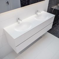 Mondiaz Vica Moon badmeubel wit mat 150 cm 2 lades solid surface dubbele spoelbak 2 kraangaten
