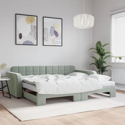 Slaapbank onderschuifbed matrassen 100x200cm fluweel lichtgrijs
