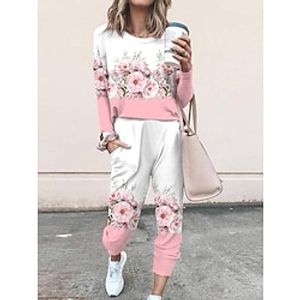 Dames Sets 2-delig Meetkundig Bloem Casual Comfortabel Huis Dagelijks Polyester Ademend Strakke ronde hals Lange mouw Pullover Pantalon Zak Herfst Winter Licht Roze Wit Lightinthebox